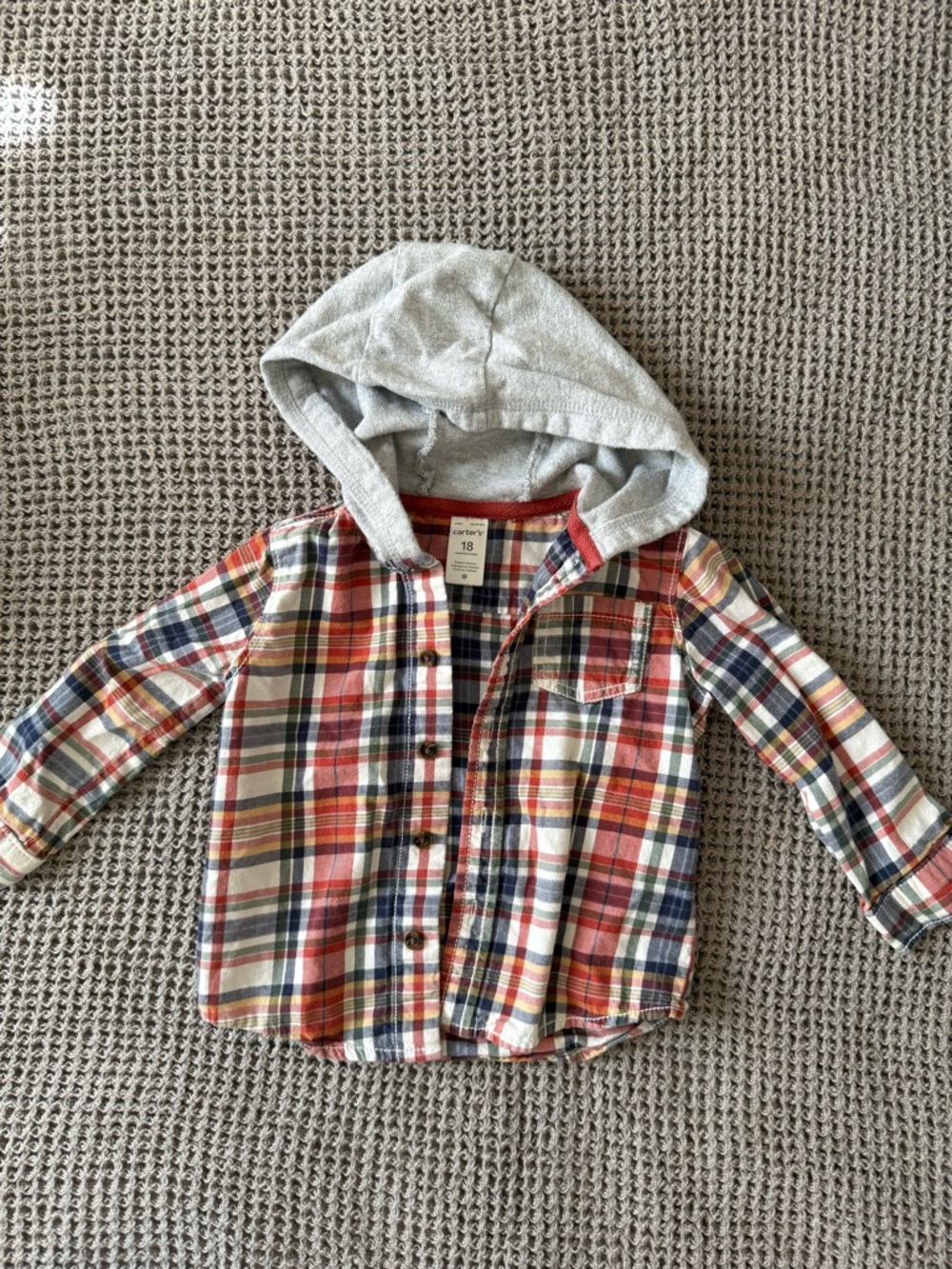 Carter's Hooded Plaid Button-Up Shirt — Red, Blue, Gray